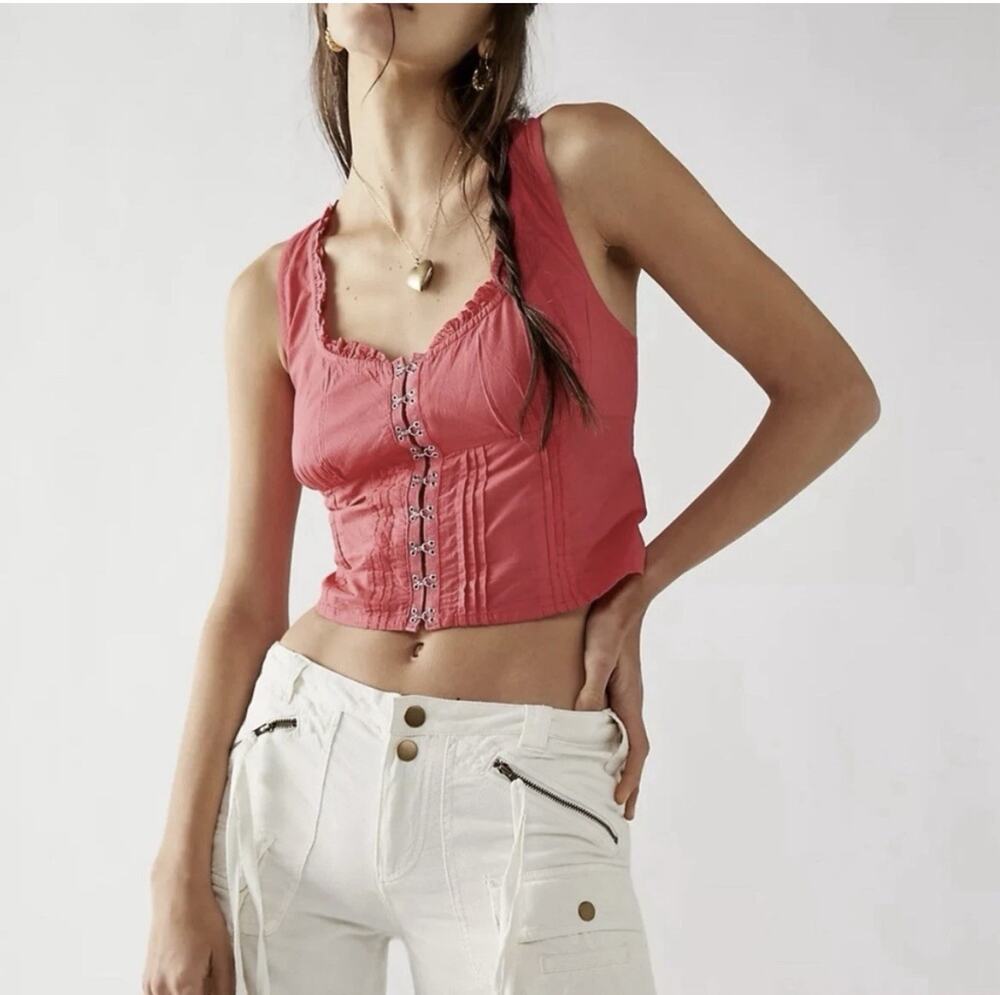 Free People Amelia Pink Corset Top Blouse Large Boho Beach Lagenlook Summer Crop